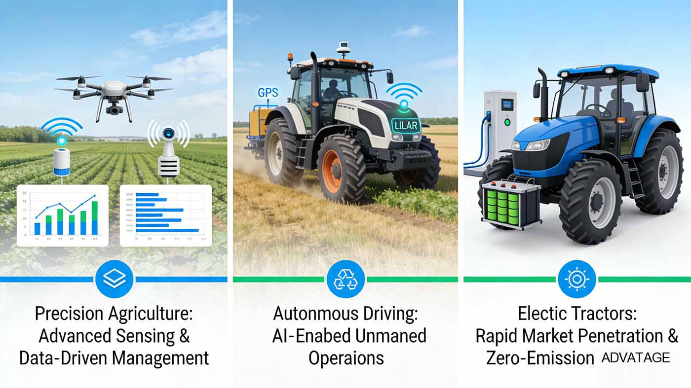 Electric Tractors: From Niche Pilots to Accelerated Mass Penetration (Core: Zero Emission, Cost Reduction) Driven by emission regulations and battery tech, electric tractors shift from small-scale trials to mainstream adoption, becoming a key growth engine. Electric Tractors: From Niche Pilots to Accelerated Mass Penetration (Core: Zero Emission, Cost Reduction) Driven by emission regulations and battery tech, electric tractors shift from small-scale trials to mainstream adoption, becoming a key growth engine.