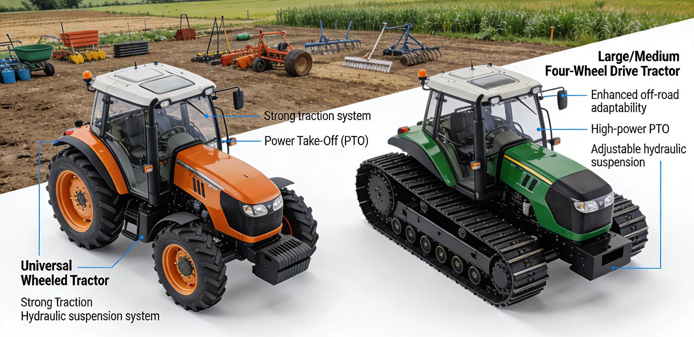 including universal wheeled tractors, large and medium-sized four-wheel drive tractors, etc., suitable for large-scale farms or scenarios with diverse work content. including universal wheeled tractors, large and medium-sized four-wheel drive tractors, etc., suitable for large-scale farms or scenarios with diverse work content. 